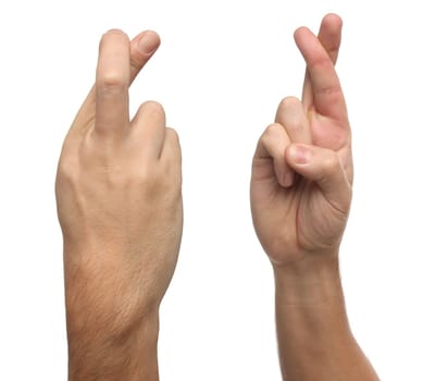 Finger crossed male hand sign. Isolated on white background