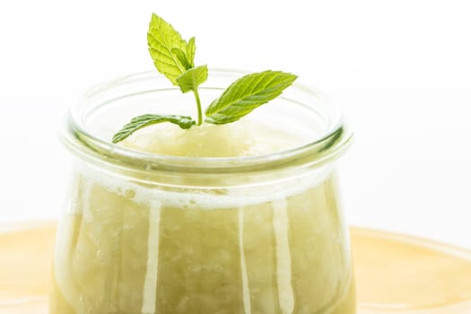Peppermint and melons cold bowl in glass