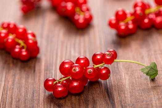 Red currants in the backlight on wood