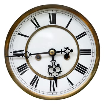 Antique clock face showing the time (sixteen to six), isolated on white.