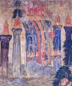 Traditional Thai mural painting of the Life of Buddha on temple wall