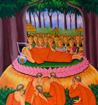 Traditional Thai mural painting of the Life of Buddha on temple wall. The final nirvana.