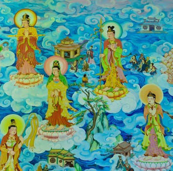 Chinese mural on temple wall, Thailand