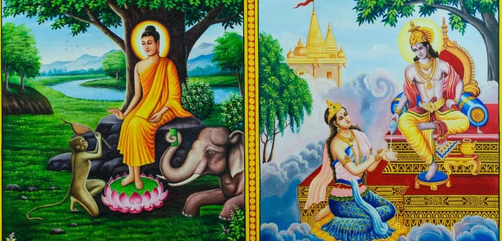 Thai mural painting of the Life of Buddha on temple wall