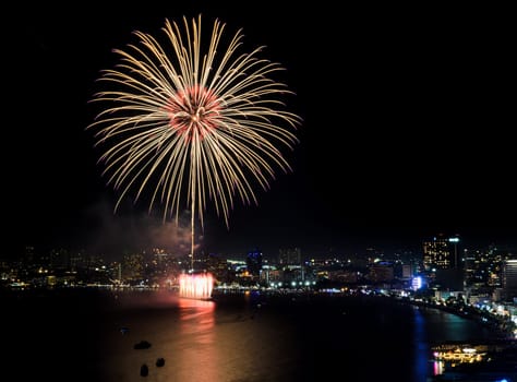 Night view and firework at Pattaya beach, Thailand
