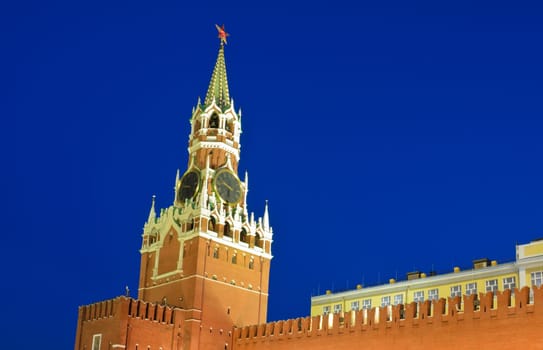 Spasskaya tower or Savior's tower of Moscow Kremlin in summer night, Russia