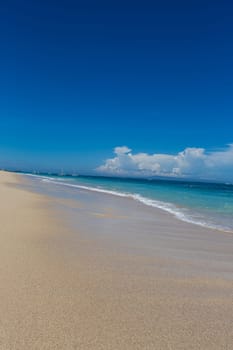 Beautiful secluded sandy beach in the Caribbean with white sand and blue sky as in paradise