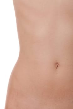 Close-up of a female abdomen from the hip to the chest isolated against a white background