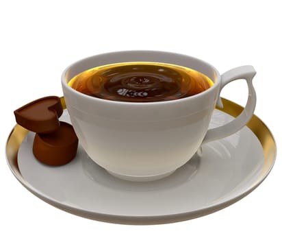 Cup of tea or coffee on a saucer with two pieces of chocolate on white background