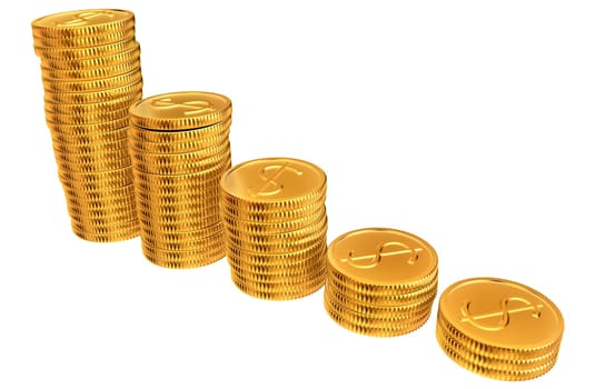 Stacks of golden dollar coins on white background