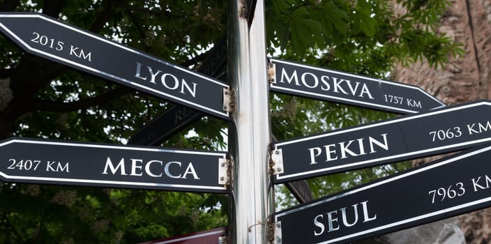 signpost in Istanbul with distances to various wellknown cities in the world