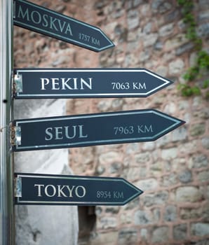 signpost in Istanbul with distances to various wellknown cities in the world