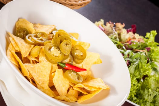 Bowl with nachos tortillas with pepperoni and fresh tomato salsa in a plate