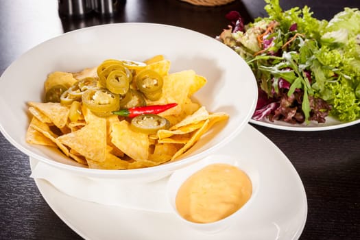 Bowl with nachos tortillas with pepperoni and fresh tomato salsa in a plate