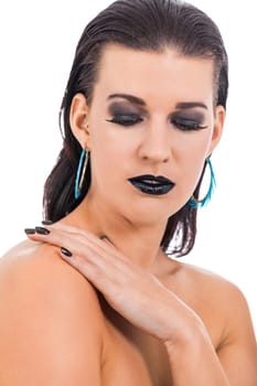 attractive young woman with black hair blue eyes and black makeup lips nail polish portrait