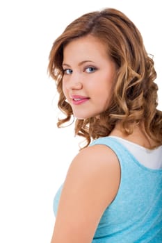 Blonde girl teen with blue eyes and blue shirt laughing portrait isolated