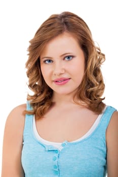 Blonde girl teen with blue eyes and blue shirt laughing portrait isolated