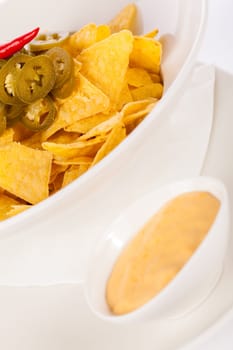 Bowl with nachos tortillas with pepperoni and fresh tomato salsa in a plate insulated against a white background