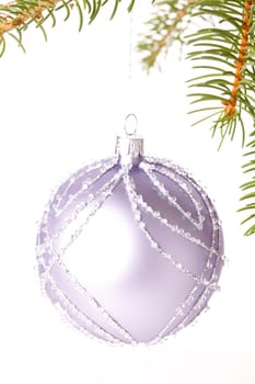 Traditional Christmas ball hung on a green fir branch isolated against a white background