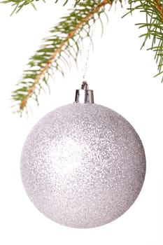 Traditional Christmas ball hung on a green fir branch isolated against a white background