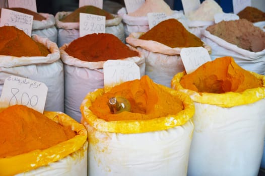 Spices in Arabic store including turmeric and curry powder