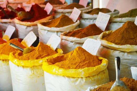 Spices in Arabic store including turmeric and curry powder
