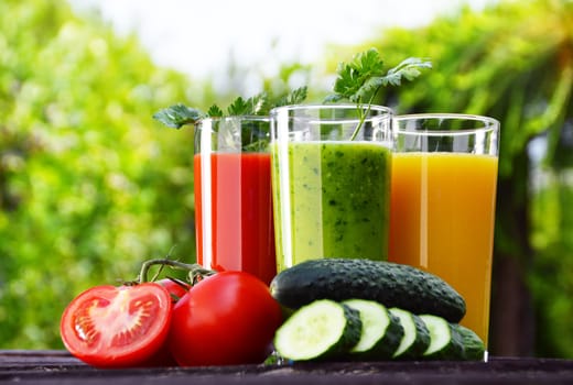 Glasses with fresh vegetable juices in the garden. Detox diet.
