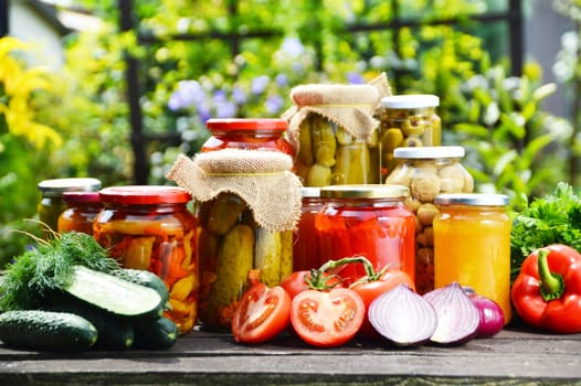 Jars of pickled vegetables in the garden. Marinated food.