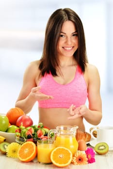 Young woman having breakfast. Balanced diet.
