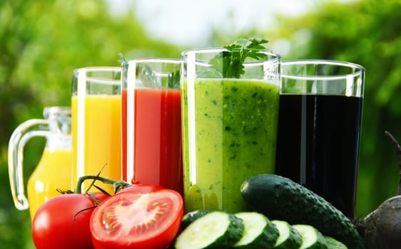 Glasses with fresh vegetable juices in the garden. Detox diet.