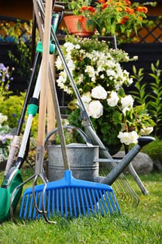 Watering can and tools in the garden