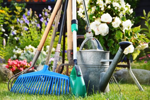 Watering can and tools in the garden