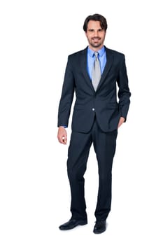 Self-proclaimed young businessman with suit dark hair and beard isolated against white background