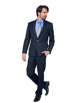 Self-proclaimed young businessman with suit dark hair and beard isolated against white background