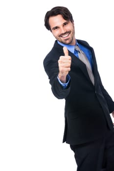 Attractive young businessman with raised thumb successfully isolated against a white background