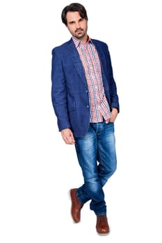Young man in trendy casual look with dark hair and beard isolated against a white background