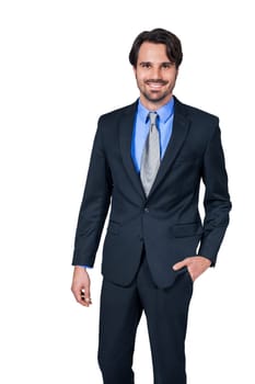 Self-proclaimed young businessman with suit dark hair and beard isolated against white background
