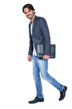 Stylish young man with dark hair and beard successfully isolated against white background