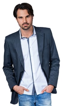 Self-proclaimed man in casual clothes with dark hair and beard isolated against a white background