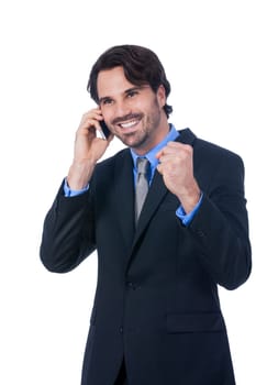 Young businessman with smartphone with dark hair and beard isolated against white background