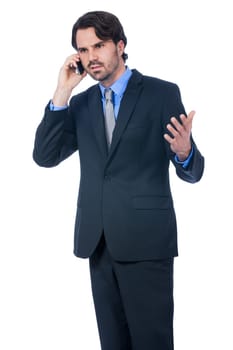 Young businessman with smartphone with dark hair and beard isolated against white background