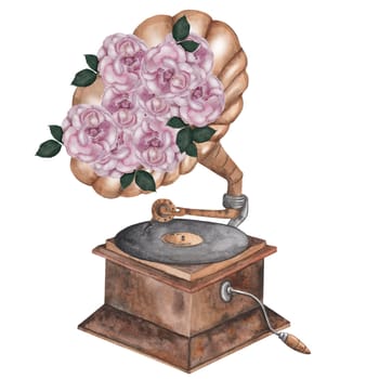 Gramophone watercolor. Postcard with a musical instrument and with flowers of roses. Hand drawn isolated on white background. For invitations and cards for Music Day, International Dance and Cultural Worker Day. Vintage musical instruments