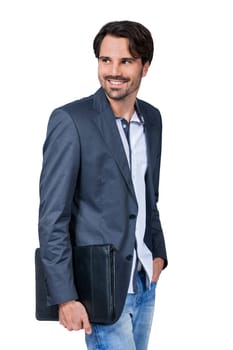 Stylish young man with dark hair and beard successfully isolated against white background