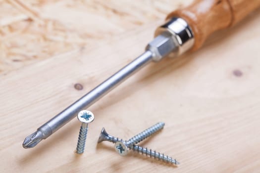 Close-up of a cross screwdriver with screws in wood while DIY in a workshop