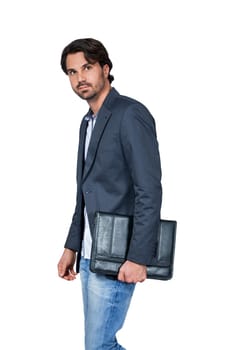 Stylish young man with dark hair and beard successfully isolated against white background