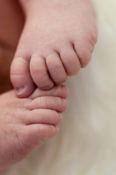 Little baby toddler newborn naked on a white fur as Detal