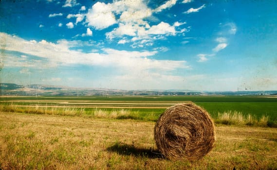 Vintage photo of hay-roll on field after harvest