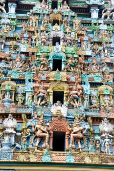 Details of exquisite, colorful sculpture on tower Jambkeshwara Temple, Tiruchirapalli, Tamil Nadu, India, Asia