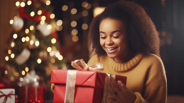 Happy dark-skinned girl opens Christmas gifts. Merry Christmas and Merry New Year concept