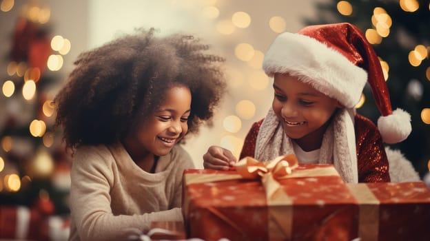 Happy black family with children and parents opening Christmas gifts. Merry Christmas and Merry New Year concept